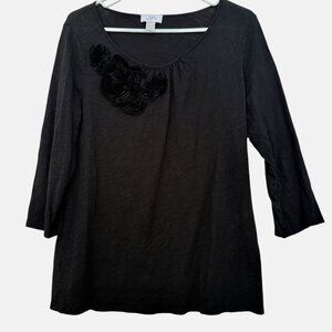 LOFT Womens Black 3/4 Sleeve Top Floral Rosettes Sz L Mature Dark Romantic Event